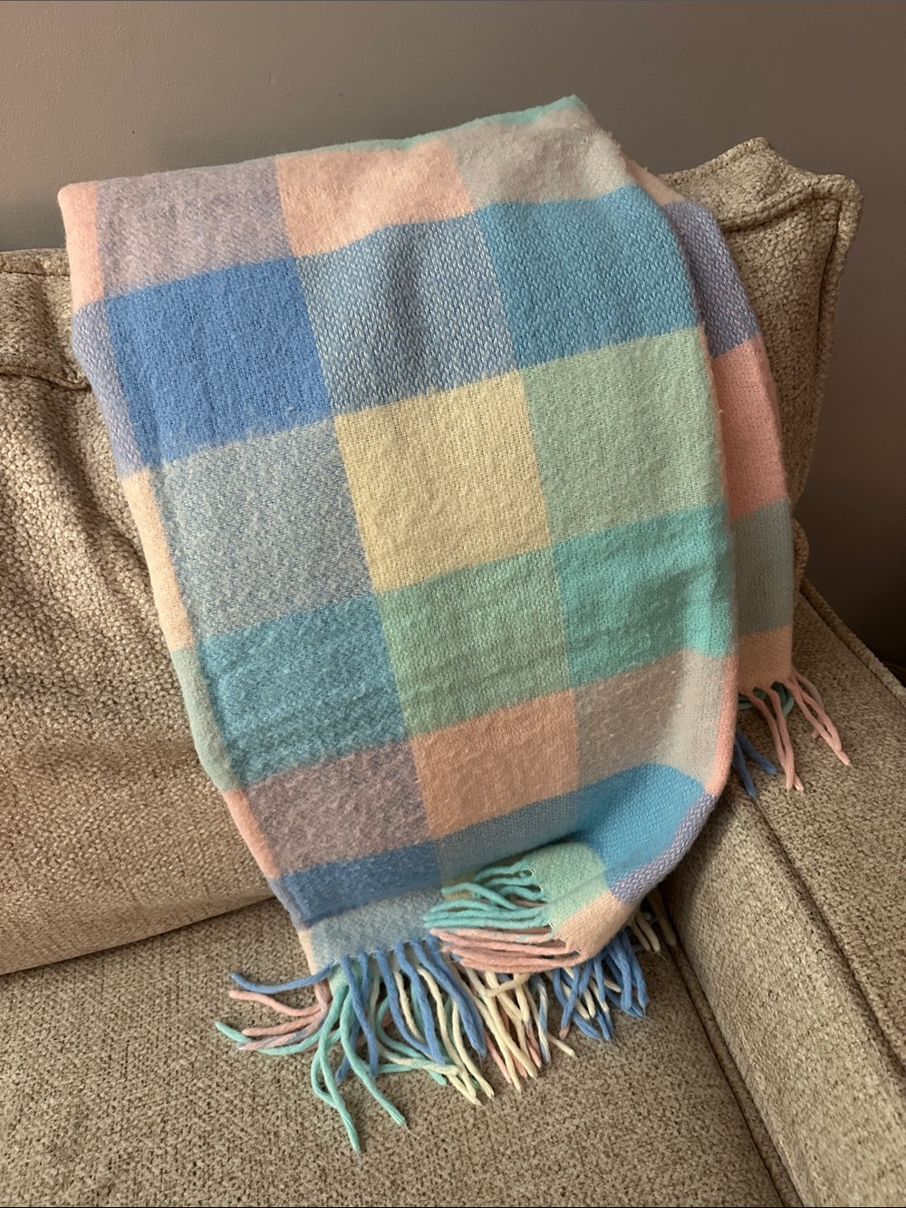 Wool Pastel Check Throw Blanket - Soft Multicolor Plaid